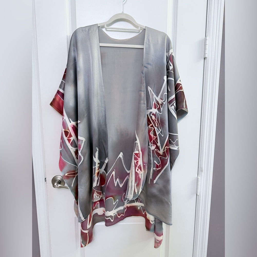 Vintage Gray and Red Kimono Silk Shall